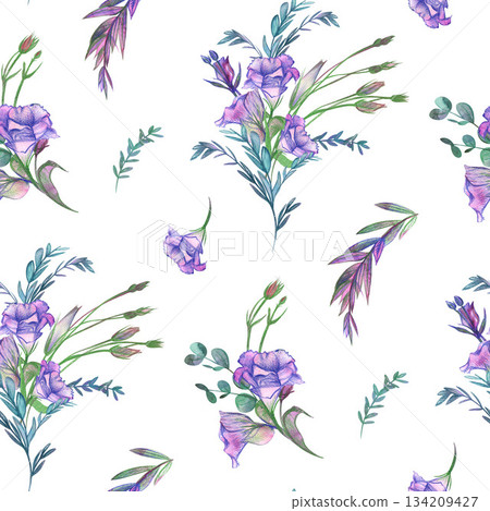 Seamless delicate pattern with watercolor eustoma flowers on a white background Seamless delicate pattern with watercolor eustoma flowers on a white background 134209427
