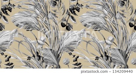 A seamless botanical black and white beige pattern painted in watercolor with plants for textiles and wallpaper designs A seamless botanical black and white beige pattern painted in watercolor with plants for textiles and wallpaper designs 134209440
