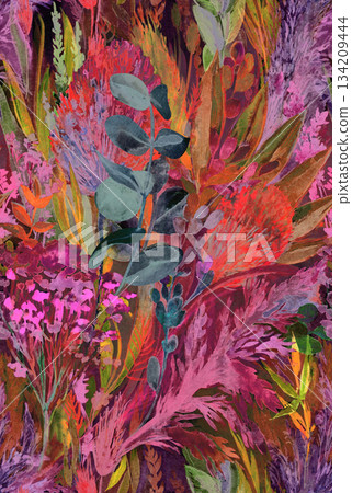 Seamless watercolor pattern with herbs dried eucalyptus flowers and pampas grass Seamless watercolor pattern with herbs dried eucalyptus flowers and pampas grass 134209444