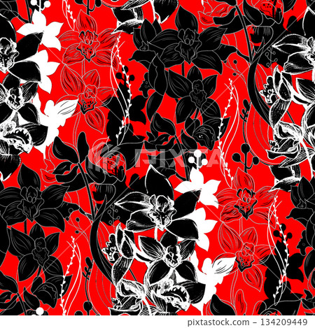 Seamless pattern with orchid silhouettes and sketches in red and black shades for textiles 134209449