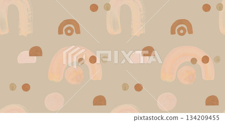 Seamless irregular pattern with geopetrical semicircles and natural shades, textile, hand-drawn Seamless irregular pattern with geopetrical semicircles and natural shades, textile, hand-drawn 134209455