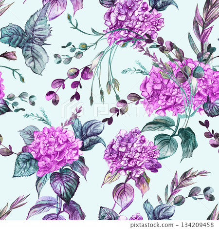 Vintage pink seamless pattern with hydrangeas flowers drawn in pencil and watercolor Vintage pink seamless pattern with hydrangeas flowers drawn in pencil and watercolor 134209458
