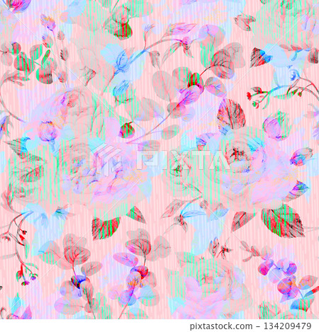 Trendy abstract floral background. Colored abstract siiiluets and garden flowers of a rose with large buds 134209479