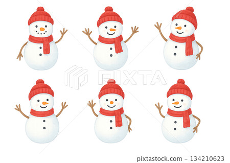 一組6張可愛的水彩雪人插圖 134210623