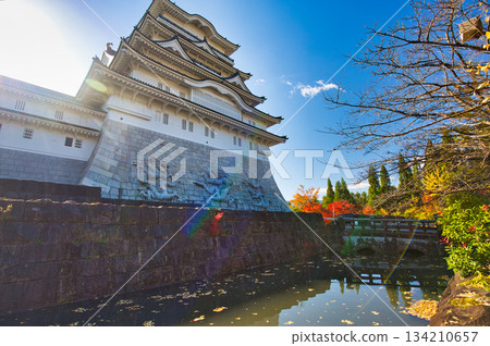 勝山城在秋日藍天的襯托下熠熠生輝 勝山城在秋日藍天的襯托下熠熠生輝 134210657