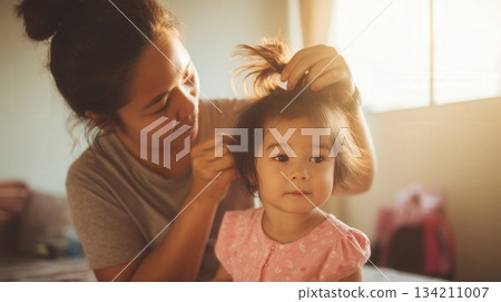Mother gently styling her daughter's hair in a cozy bedroom, sunlight streaming through the window, capturing the warmth of parenting and love on Mother's Day 134211007