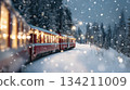 Christmas train adorned with festive lights travels through a snowy landscape, surrounded by tall evergreen trees and a serene winter atmosphere, evoking holiday cheer and warmth 134211009