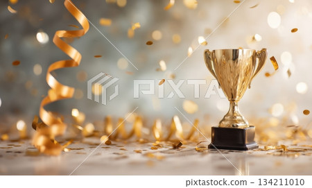 Golden trophy on a reflective surface surrounded by festive confetti and ribbons, symbolizing celebration and achievement in a joyful atmosphere Golden trophy on a reflective surface surrounded by festive confetti and ribbons, symbolizing celebration and achievement in a joyful atmosphere 134211010