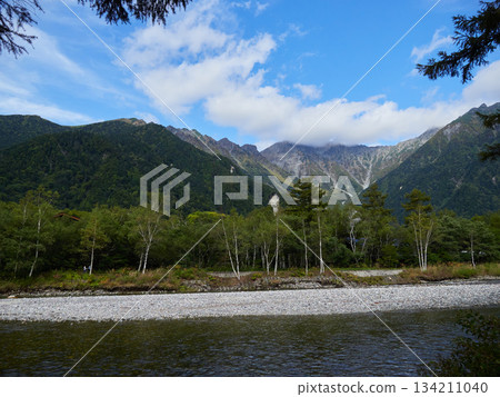 The scenery of the Azusa River and the Hotaka mountain range in the tourist attraction Kamikochi The scenery of the Azusa River and the Hotaka mountain range in the tourist attraction Kamikochi 134211040
