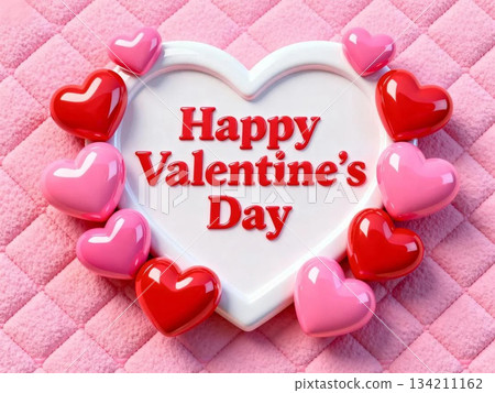 精美的情人節背景，帶有 3D 愛心和白色邊框 134211162