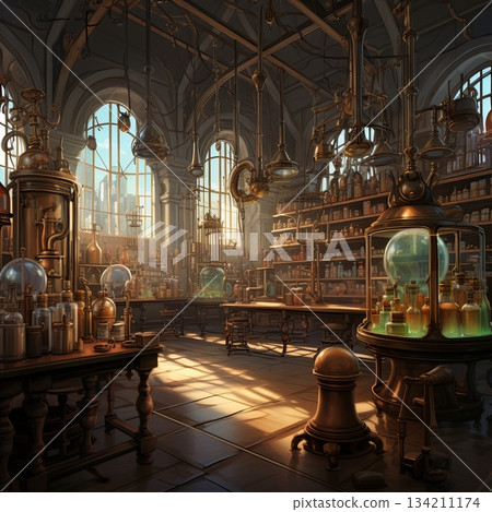Elaborate Steampunk Laboratory Interior with Alchemical Equipment and Natural Sunlight Illumination Elaborate Steampunk Laboratory Interior with Alchemical Equipment and Natural Sunlight Illumination 134211174