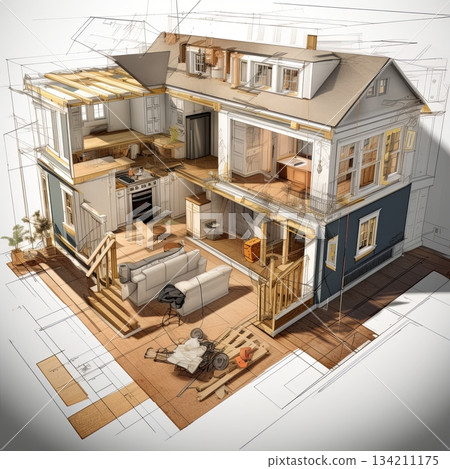Detailed Architectural Cutaway of a Two-Story House with Interior Design Elements. Illustration. 134211175
