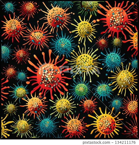 Vibrant Abstract Virus Art A Colorful Microscopic World of Biology and Science, Detailed Texture Vibrant Abstract Virus Art A Colorful Microscopic World of Biology and Science, Detailed Texture 134211176