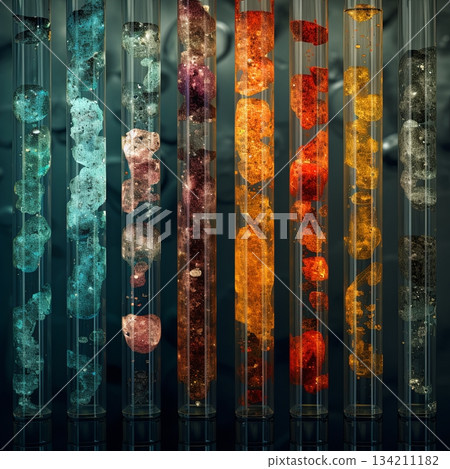 Colorful Abstract Bubbles in Glass Tubes A Science Experiment or Artistic Display. Concept Colorful Abstract Bubbles in Glass Tubes A Science Experiment or Artistic Display. Concept 134211182