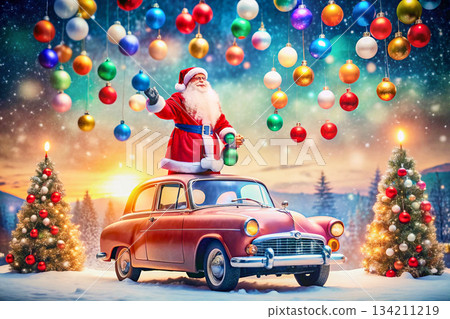 Happy Christmas,New Year.Santa Claus on vintage retro car in winter night Happy Christmas,New Year.Santa Claus on vintage retro car in winter night 134211219