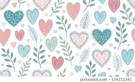 Seamless pattern of messy hand drawn hearts 134211341