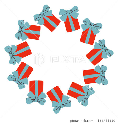 Vector illustration of a circular frame made of red and blue gift boxes tied with ribbons. A festive Christmas border perfect for holiday cards, labels, packaging, and seasonal graphic design. Vector illustration of a circular frame made of red and blue gift boxes tied with ribbons. A festive Christmas border perfect for holiday cards, labels, packaging, and seasonal graphic design. 134211359