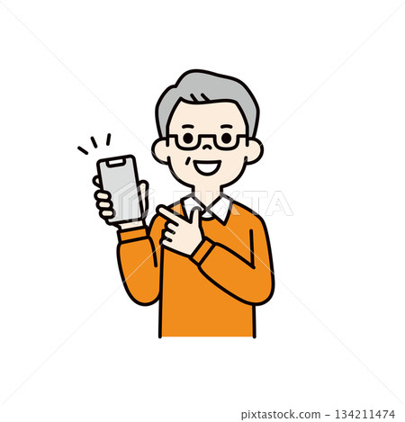 Pointing at the smartphone screen, middle-aged man/grandfather upper body vector illustration material_color 134211474