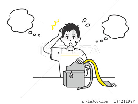 Illustration of a boy who is in trouble because he forgot his belongings for the next day Illustration of a boy who is in trouble because he forgot his belongings for the next day 134211987