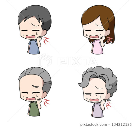 一組4張描繪下顎疼痛患者的插圖 134212185