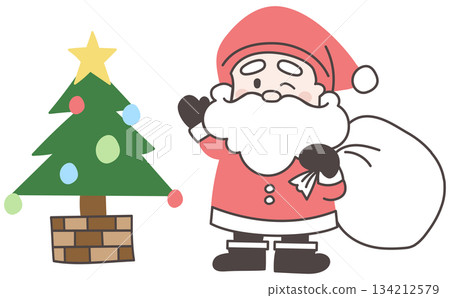 Cute and deformed hand-drawn illustration of Santa Claus and Christmas tree Cute and deformed hand-drawn illustration of Santa Claus and Christmas tree 134212579