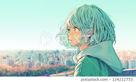 Young woman on the rooftop looking out at the city 134212753
