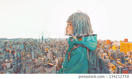 Young woman on the rooftop looking out at the city 134212759