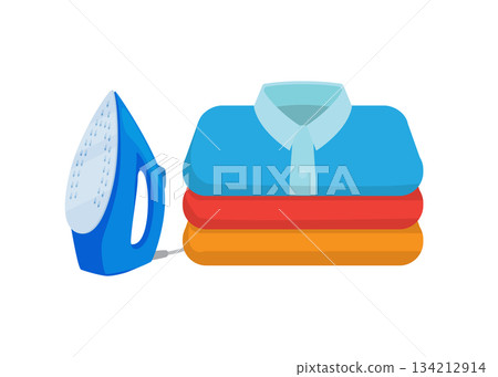Illustration of a blue iron and a stack of folded clothes on a white background Illustration of a blue iron and a stack of folded clothes on a white background 134212914