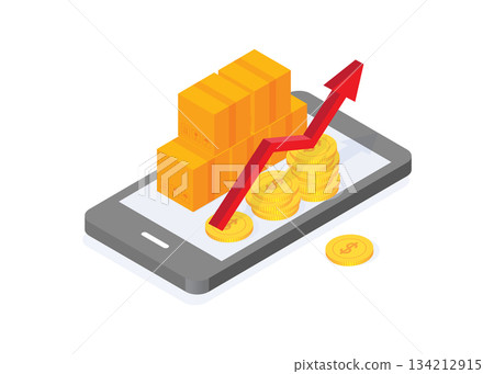 Isometric illustration of a box on a phone with coins and a red arrow rising Isometric illustration of a box on a phone with coins and a red arrow rising 134212915