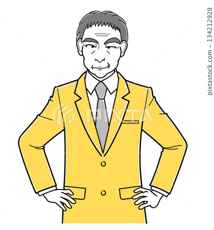 A middle-aged man in a suit grinning with his hands on his hips (simple, upper body) A middle-aged man in a suit grinning with his hands on his hips (simple, upper body) 134212929