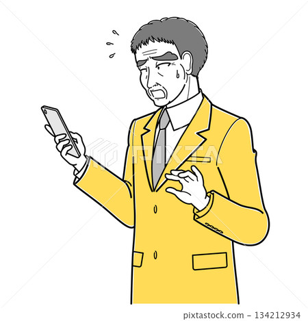 一位身穿西裝的中年男子神情憂慮地看著他的智慧型手機,側臉斜向左側(簡單的上半身像) 一位身穿西裝的中年男子神情憂慮地看著他的智慧型手機,側臉斜向左側(簡單的上半身像) 134212934