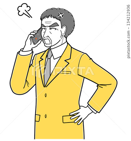 一位身穿西裝的中年男子，一邊生氣一邊用智慧型手機通話（簡單的上半身像） 134212936