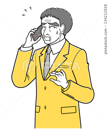 A middle-aged man in a suit talking on the phone with a troubled expression (simple, upper body) 134212938