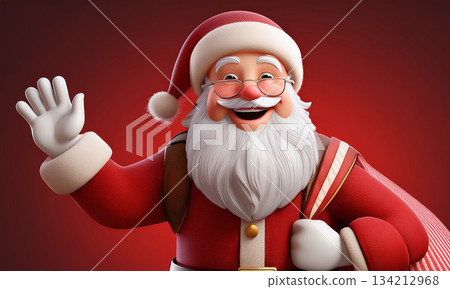 Cheerful Santa waves from a warm red background, carrying a sack of wrapped gifts and a gold-brown bag.  134212968