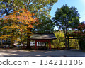 Kitabatake Shrine's Chozuya (purification fountain) surrounded by autumn leaves and evergreen trees 134213106