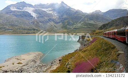 Chur, Switzerland - August 11 2022: View From Bernina Express from Tirano Italy Chur, Switzerland - August 11 2022: View From Bernina Express from Tirano Italy 134213172