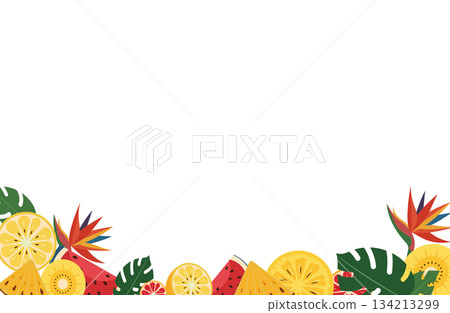 夏季底部框架，飾以熱帶水果和天堂鳥花 134213299