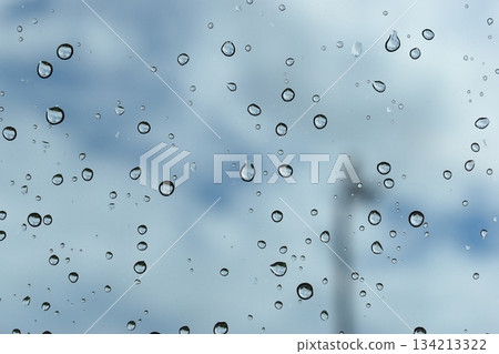 water drop on mirror with blue sky and white cloud background 134213322