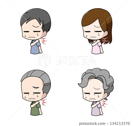 Set of 4 illustrations of people with stiff shoulders Set of 4 illustrations of people with stiff shoulders 134213370