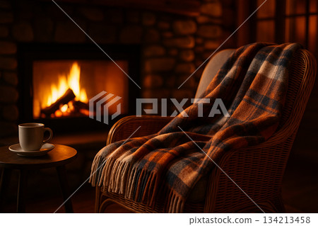 壁爐旁的藤椅上搭著一條格子羊毛毯。 134213458