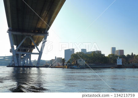 Osaka City public ferry sailing under Tempozan Bridge (Tempozan Ferry Terminal) 134213759