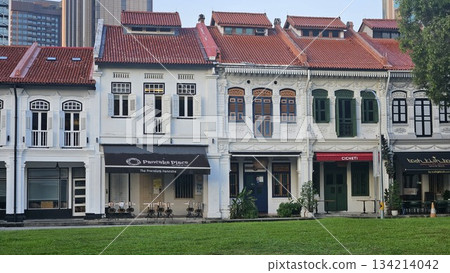 A row of ornate shophouses with red-tiled roofs A row of ornate shophouses with red-tiled roofs 134214042