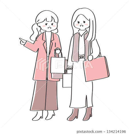 Hand-drawn illustration of a pair of women enjoying shopping Hand-drawn illustration of a pair of women enjoying shopping 134214196