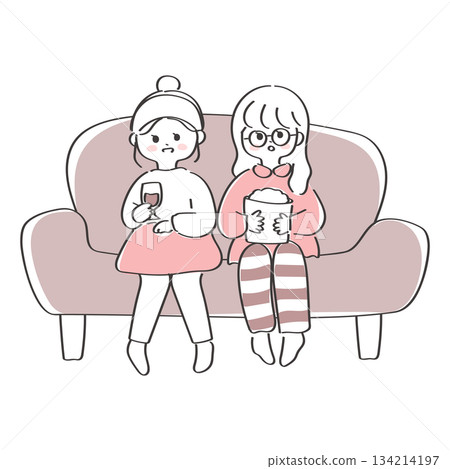 A cute illustration of women watching a movie on the sofa 134214197