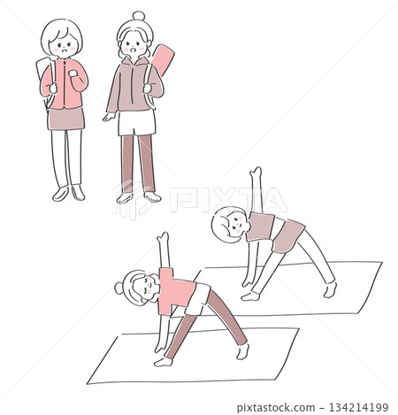 一組插圖,描繪了一位女性去練習瑜珈和一位女性享受瑜珈的場景。 一組插圖,描繪了一位女性去練習瑜珈和一位女性享受瑜珈的場景。 134214199