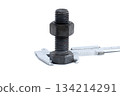 Metal Bolt with Nut Measured by Vernier Caliper on White Background 134214291