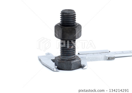 Metal Bolt with Nut Measured by Vernier Caliper on White Background Metal Bolt with Nut Measured by Vernier Caliper on White Background 134214291