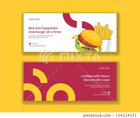 Burger Time Horizontal Banner with Flat Cartoon Hand Drawn Illustration Template 134214331