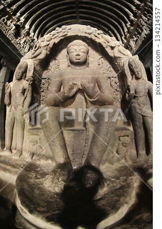 Buddha statue in Cave No.10 of the Buddhist temple at Ellora Caves. Elora a UNESCO World Heritage Site, is one of the world's largest collections of rock-cut temples and shrines. 134214557