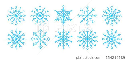 Light blue linear snowflakes collection. Simple snow flake icon set for Christmas and Happy New Year decor, winter holiday decoration, greeting card design elements. Vector illustration pack 134214689